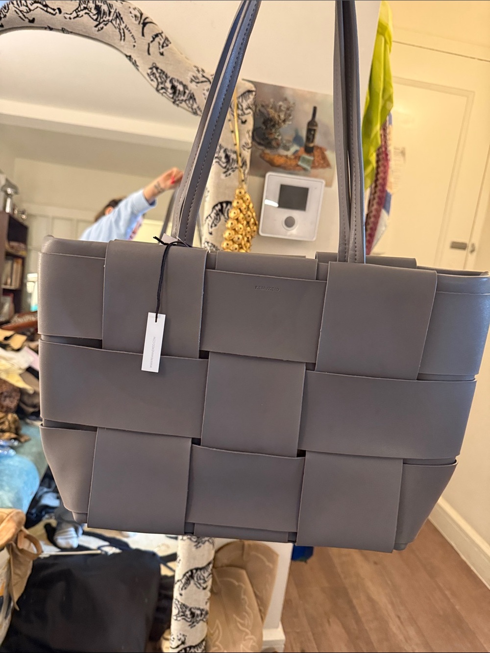 Woven-Panel Tote Bag in Gray